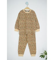 Leopar Kalp Desenli Kahverengi  %95 Pamuk Uzun Kollu Kız Çocuk Pijama Takımı (3,4,5,6,7,8 Yaş)