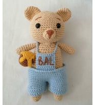 Mavi Tulumlu Ballı Ayıcık Amigurumi Organik Oyuncak