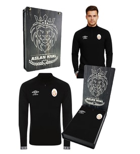 Galatasaray Orijinal Lisanslı Yarım Fermuar  Siyah Sweat Lazer Ahşap Kutu