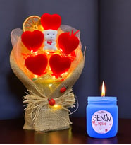 Led Işıklı Kırmızı Kalp Buketi ve Kokulu Mum Hediye Seti  Sevgiliye Arkadaşa Hediye (Mavi)