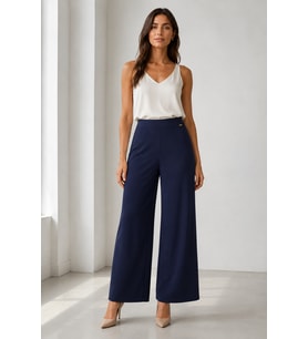 Kadın Rahat Kesim Beli Lastikli Bol Paça Pantolon Y26-1603-Lacivert