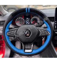 Renault Clio 5 Dikme Direksiyon Kılıfı Parlak Siyah Mavi Detaylı Mavi Çift Yüzük ve Dikiş 2019-2024