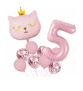 Taçlı Pembe Kedi 5 Yaş Folyo Balon Set