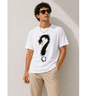 Erkek Kuğu Figürlü Soru İşareti Baskılı Tişört Kısa Kol T-Shirt - Beyaz
