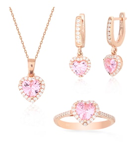925 Ayar Gümüş Swarovski Rose Gold Kalp Takı Seti