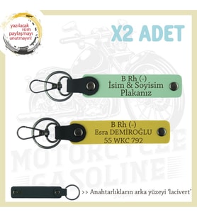 Motosiklet Severlere Özel İsim Plaka ve B Rh (-) Kan Grubu Yazılı x2 Anahtarlıkları, Yeşil-Sarı-Laci (Çok Renkli)