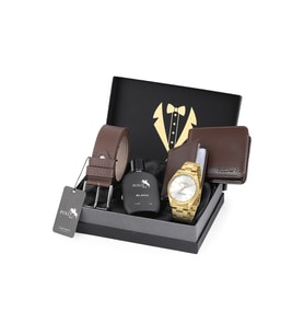 Polo Air Klasik Metal Kordon Erkek Kol Saati Kemer Cüzdan Kartlık Parfüm Damat Kutusunda Kahverengi Set Gold Renk DT-012E6