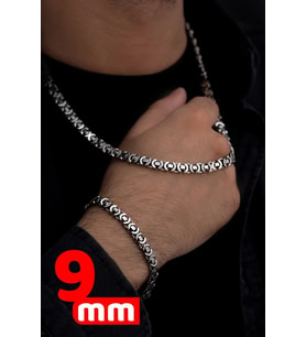 Erkek Gümüş Kolye Bileklik Set - 9mm Euro Kral Zincir Oksitli Model Erkek Set