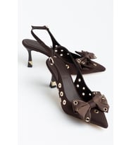 Kadın İnce Topuklu Stiletto Kahverengi Saten Fiyonklu