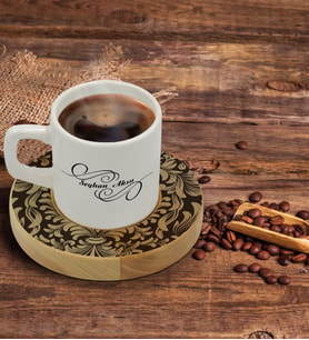 BK Gift Kişiye Özel Retro Motif Tasarımlı Doğal Ahşap Tabaklı Türk Kahvesi Fincanı Model 6