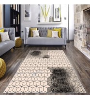 Krem Zemin Geometrik Petek Desen Yıkanabilir Kaymaz Taban Leke Tutmaz Modern Salon Halısı ve Yolluk (Siyah)
