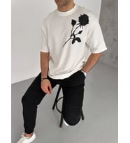 pilelistore- Unisex Bisiklet Yaka Baskılı Oversize T-Shirt - Beyaz