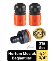 3'lü Hortum Musluk Bağlantı Seti 1/2” - 3/4” Otomatik Kopmaz Çıkmaz Kırılmaz Dayanıklı Bahçe Sulama