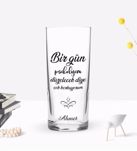 BK Gift Kişiye Özel Renkli Baskılı Bir Gün Psikolojim Tasarımlı Rakı Bardağı-1 (Beyaz)