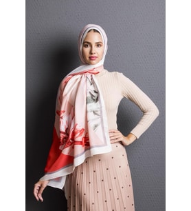 Çiçekli Desen Pavia Seri Şal Eşarp Askısı ile Birlikte 90X200 cm Nar Çiçeği-90X2