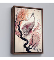Çerçeveli Sakura Ağacındaki Güzel Turna Tablosu (Beyaz)