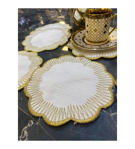 Shems Gold 6'lı Linen Keten Kokteyl Kahve Yanı Sunum Peçetesi Nakışlı Sunumluk