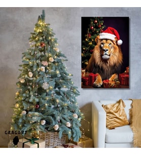 Tekli Dikey Kanvas Duvar Tablosu Yılbaşı Hediyesi Noel Baba Kostümlü Aslan