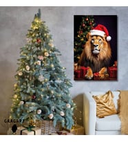 Tekli Dikey Kanvas Duvar Tablosu Yılbaşı Hediyesi Noel Baba Kostümlü Aslan