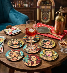 Retro Pop Art Desenli Ahşap Bardak Altlığı 6'lı Set - Dekoratif 3mm MDF Fincan Altlığı