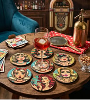 Retro Pop Art Desenli Ahşap Bardak Altlığı 6'lı Set - Dekoratif 3mm MDF Fincan Altlığı