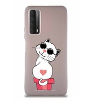 Huawei Y7A Soft Premier Kapak Coolcat Tasarımlı Silikon Kılıf - Pudra (Şeffaf)