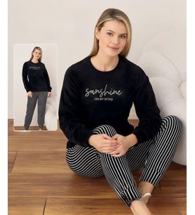 Boyraz Kadın Kışlık Bisiklet Yaka Soft Kadife Pijama Takımı 07041 - 1 Adet (Siyah)