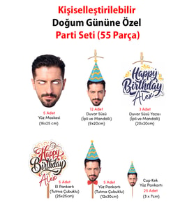 Doğum Gününe Özel Kişiselleştirilebilir Maske Seti - Fotoğraf Baskılı 55Parça Parti Seti