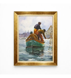Tablore İstanbul Boğazı Sandal Duvar Tablosu Tarihi Yarımada Manzaralı Gold Çerçeveli Kanvas