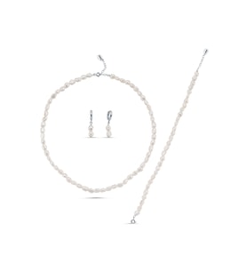 Yassı Barok İnci Kolye Bileklik Küpe Üçlü Set (Beyaz)