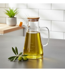 1 Adet 900 ML Bambu Kapaklı Borosilikat Cam Yağlık ve Sirkelik, Isıya Dayanıklı ve Ölçekli Tasarım, Damlatmaz Ağızlı Modern Mutfak Sosluk Şişesi