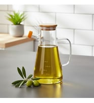1 Adet 900 ML Bambu Kapaklı Borosilikat Cam Yağlık ve Sirkelik, Isıya Dayanıklı ve Ölçekli Tasarım, Damlatmaz Ağızlı Modern Mutfak Sosluk Şişesi