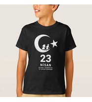 Çocuk 23 Nisan Ulusal Egemenlik ve Çocuk Bayramı Baskılı Bisiklet Yaka T-shirt - Siyah