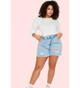 Kadın Yüksek Bel Geniş Paça Denim Şort Pamuklu Günlük Kombinler Yaz Aylarının Vazgeçilmezi (Mavi)