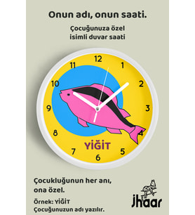 İsme Özel Soyut Balık Çocuk Odası Duvar Saati Orta Boy 30 cm Beyaz Camlı Sessiz