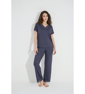 Kısa Kollu V Yakalı Dantelli Pijama Takımı 18484