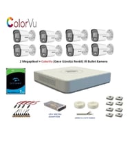 Hikvision 2mp 8 kameralı Dış ortam AHD HD-TVI ColorVu Gece Renkli Kamera Seti 1TB Disk