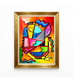 Tablore Kübik Geometrik Soyut Sanat Tasarımlı Gold Çerçeveli Renkli Salon Tablosu