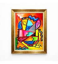 Tablore Kübik Geometrik Soyut Sanat Tasarımlı Gold Çerçeveli Renkli Salon Tablosu