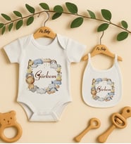 Pia Baby Premium %100 Pamuk İsme Özel Organik Baskılı Çıtçıtlı Bebek Body Ve Önlük 5053-20 (Ekru)