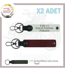 Bikerlar İsim Plaka ve B Rh (+) Kan Grubu Yazılı Deri x2 Anahtarlık Hediyelik Takım, Beyaz-Bordo-Ysl (Çok Renkli)