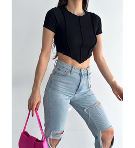 Kadın Kısa Kollu Ters Dikiş Likralı Örme Crop Bluz Siyah