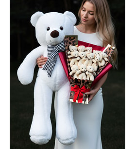 Hediye Seti - 90cm Peluş Ayıcık ve 12 Ayıcıklı Buket - Kiz Arkadas - Sevgili - Kiz Kardes - Anne