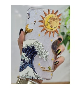 Samsung Galaxy A54 Uyumlu Dalga ve Güneş Desenli Şeffaf Telefon Kılıfı