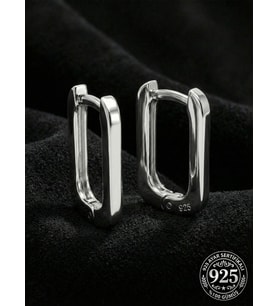 925 Ayar Gümüş Rodyum Kaplama Dikdörtgen Huggie Halka Küpe - Orta Boy (2mm En)