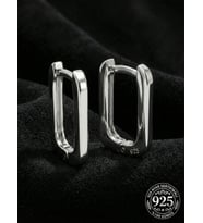 925 Ayar Gümüş Rodyum Kaplama Dikdörtgen Huggie Halka Küpe - Orta Boy (2mm En)
