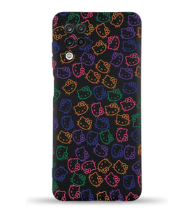 Samsung Galaxy M12 Uyumlu Lansman Kılıf Hello Kitty Tasarımlı İçi Kadife Kapak-Siyah (Şeffaf)