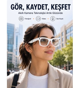 Beyaz Akıllı Kamera Gözlüğü Fotoğraf Video Çekimli Bluetooth Aramalı AI Destekli 3 Değiştirilebilir Lensli