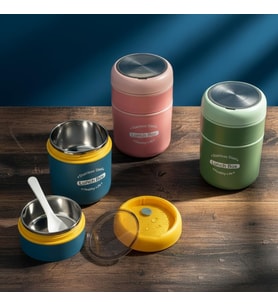 Çelik Yemek Termosu 2 Katlı Kaşıklı - 304 Paslanmaz Çelik Beslenme Kutusu Sıcak/Soğuk Tutma Özellikli Vakumlu Öğle Yemeği Seferi Tası (710 ml, Çap: 10 cm, Yük: 15.5 cm) (MAVİ-SARI)