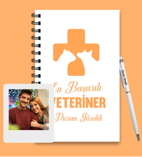 Kişiye Özel Veteriner Tasarımlı Ahşap Defter Kalem & Instagram Çerçeve Hediye Seti